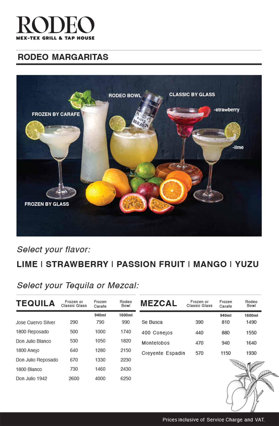 Rodeo Mex-Tex Grill & Tap House margarita menu page with drink photographs and pricing.