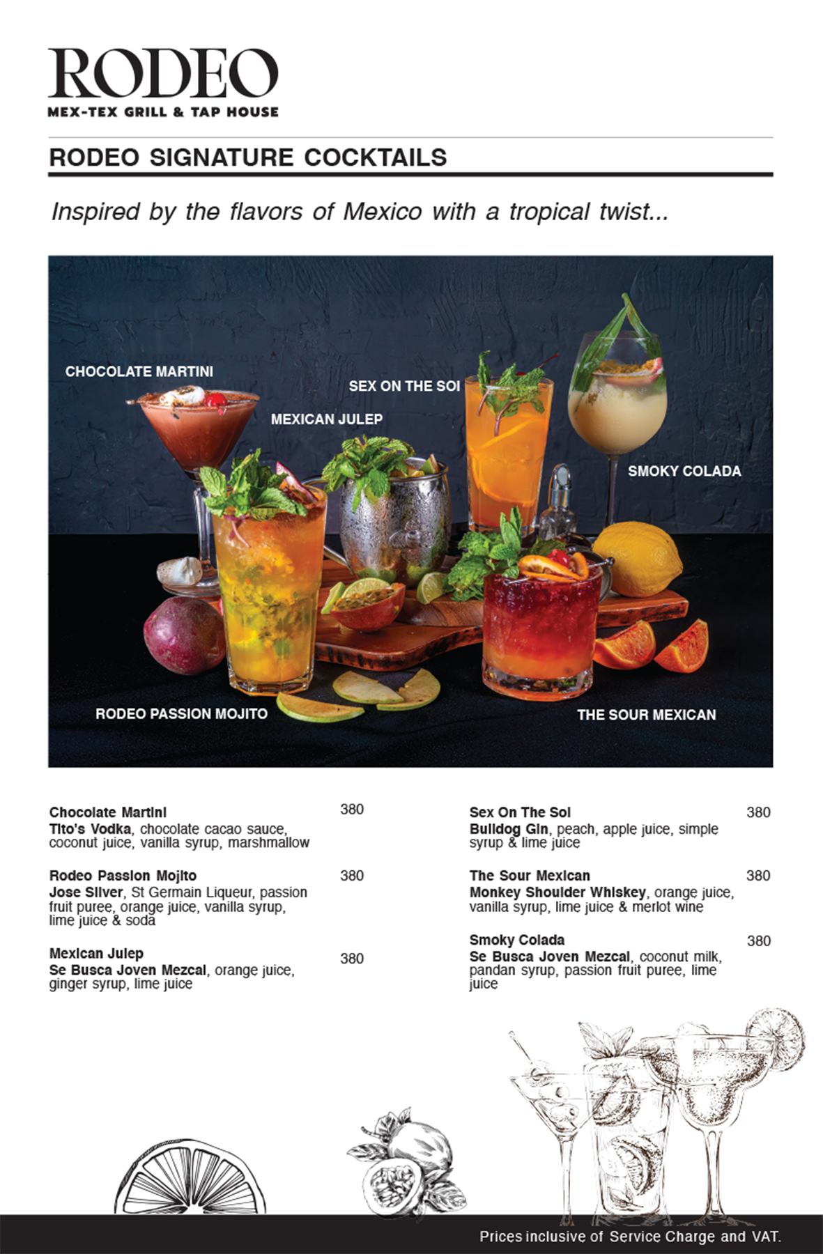Rodeo Mex-Tex Grill & Tap House signature cocktails menu page with drink photographs and pricing.